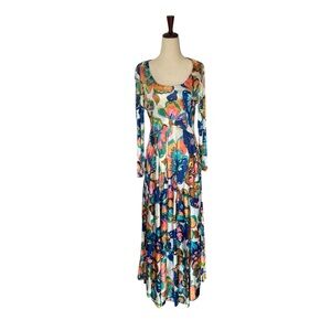 Vintage 70s Psychedelic Floral Print Long Maxi Poly Dress sz Small